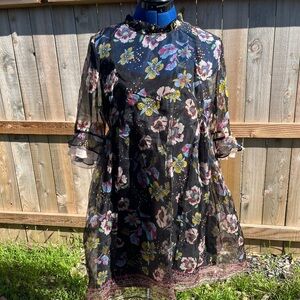 Floral Sheer Dress with Ruffle Sleeves